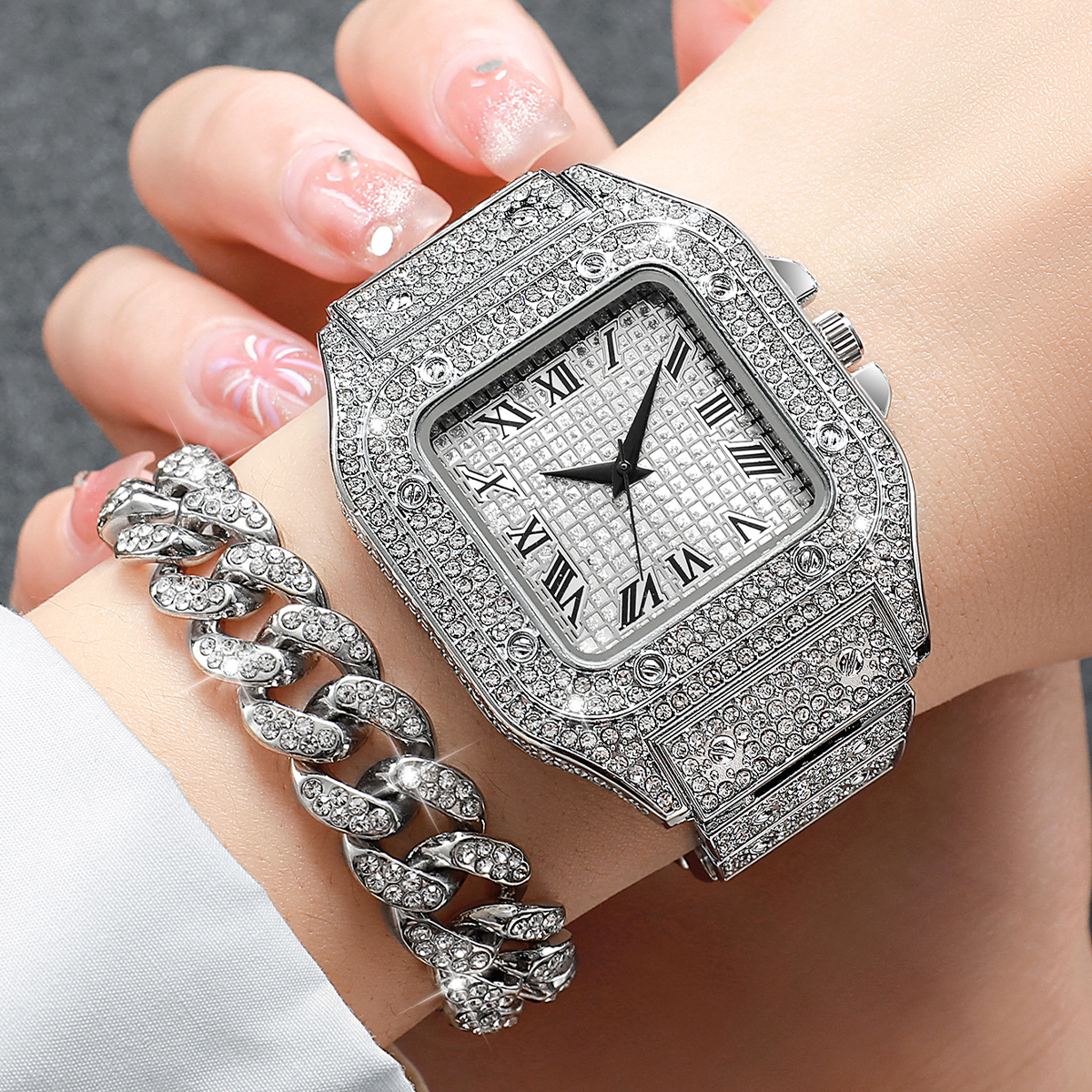 2PCS Iced Out Square Watch & C - مراجعة Luxury Watch Square وسعره