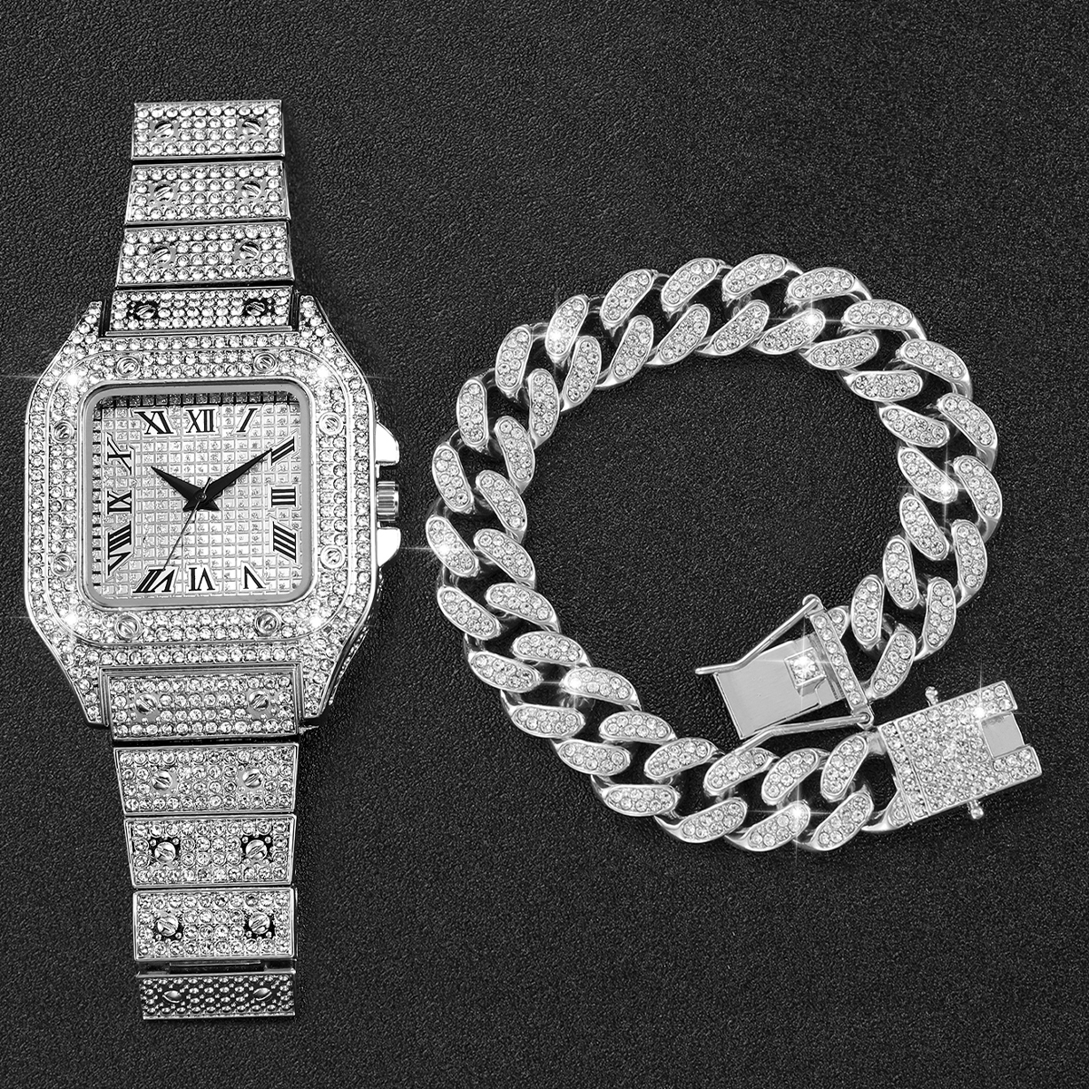 2PCS Iced Out Square Watch & C - مراجعة Luxury Watch Square وسعره