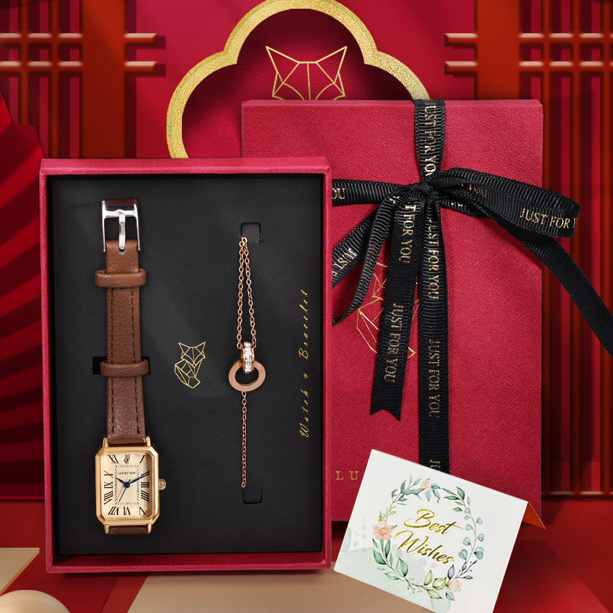 LUCKY FOX 2PCS Light Luxury Gi - مراجعة Luxury Watch With Leather Strap وسعره