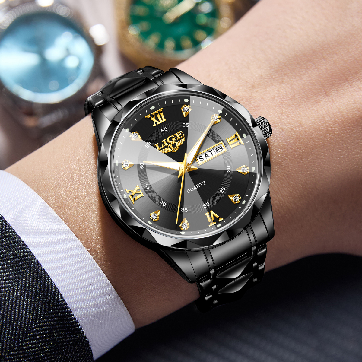 LIGE Gold Black Men's Luxury W - مراجعة Luxury Watch Gold And Black وسعره