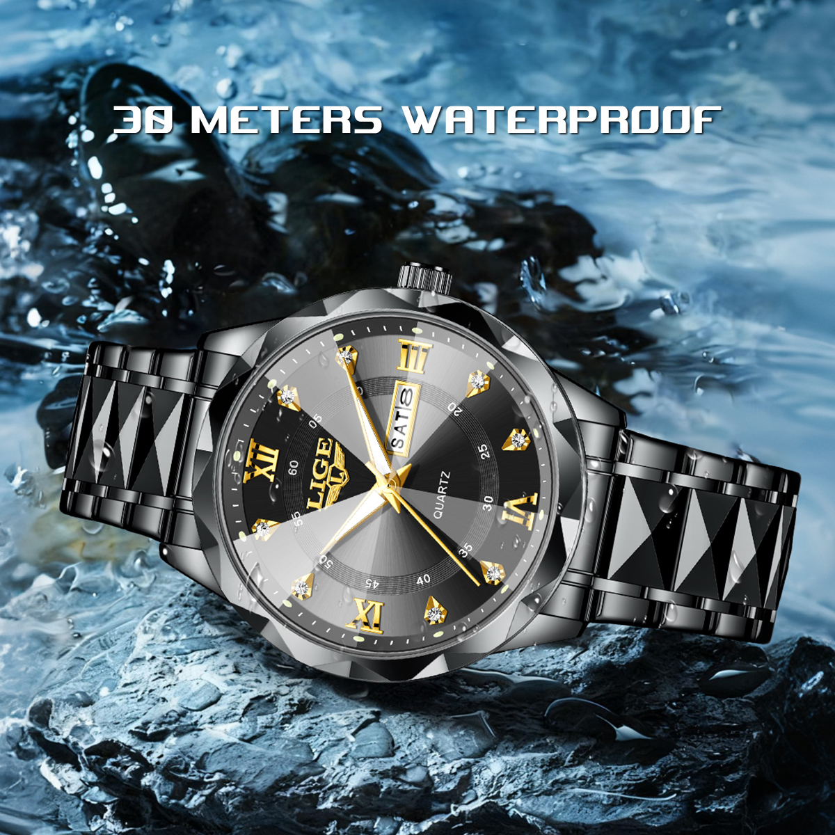 LIGE Gold Black Men's Luxury W - مراجعة Luxury Watch Gold And Black وسعره