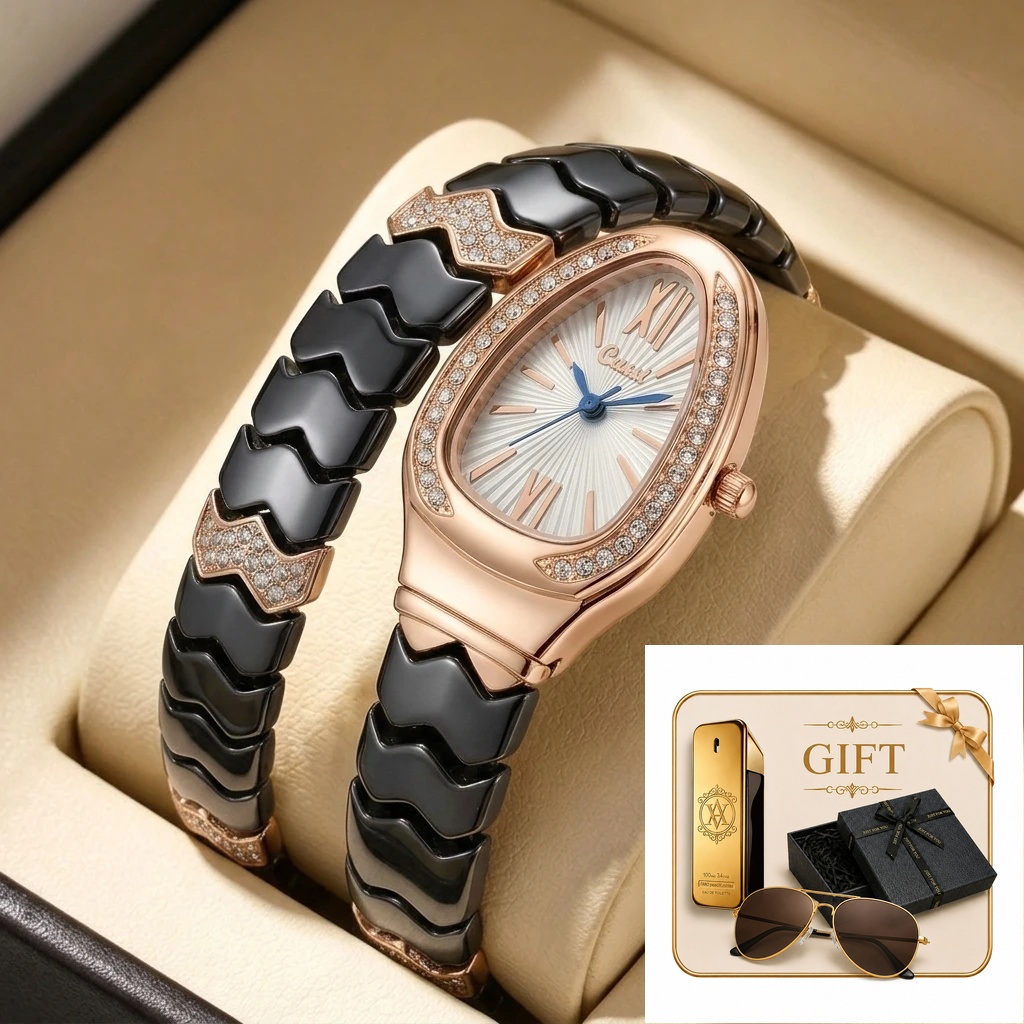 4pc Ladies Black and Rose Gold - مراجعة Luxury Watch Gold And Black وسعره
