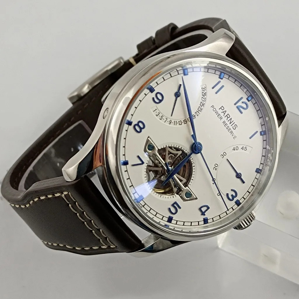 Parnis 43mm Luxury Power Reser - مراجعة Luxury Watch With Leather Strap وسعره